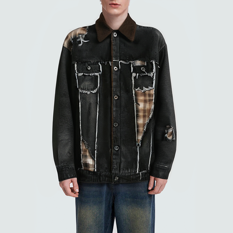 High-quality patchwork plaid men's denim jacket