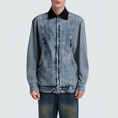 Trendy washed distressed men's denim jacket