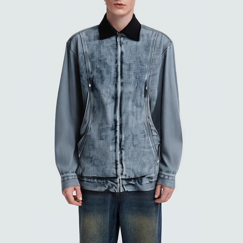 Trendy washed distressed men's denim jacket