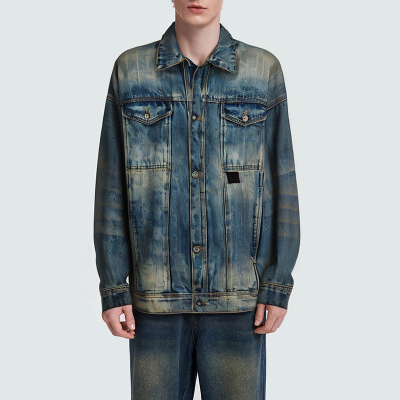 Men's lapel vintage washed button denim jacket