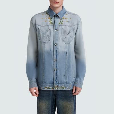 Washed distressed gradient men's denim jacket