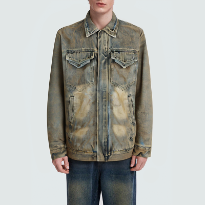 Distressed acid-wash lapel men's denim jacket