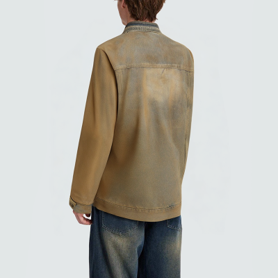 Distressed acid-wash lapel men's denim jacket