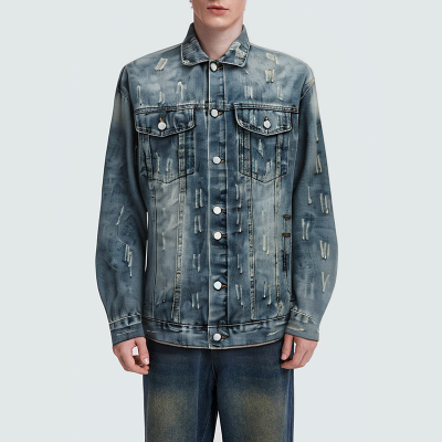 Men's blue lapel washed denim jacket