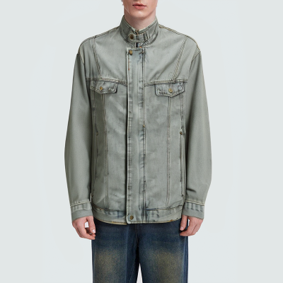 Men's stand collar washed zipper denim jacket