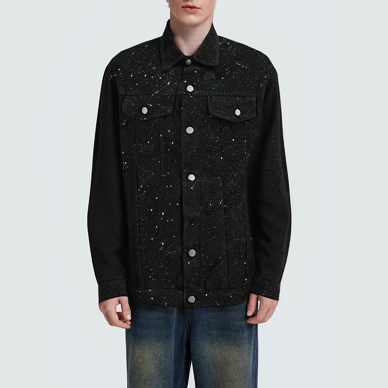 Black lapel sequined men's denim jacket