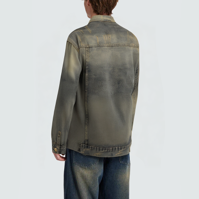 Men's distressed lapel button denim jacket