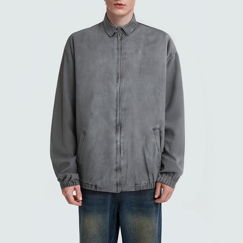 Grey simple zipper men's denim jacket