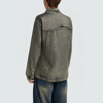 Distressed single-breasted men's denim jacket