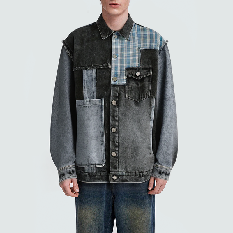 Fashionable patchwork multi-pocket men's denim jacket
