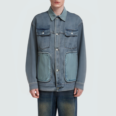 Blue multi-pocket breathable men's denim jacket
