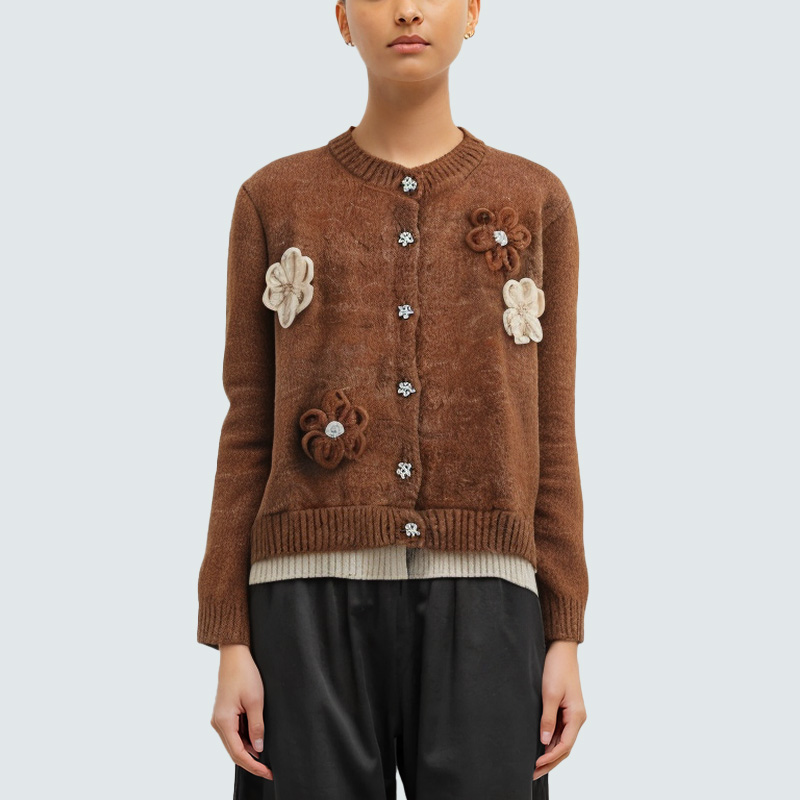 3D floral embellished women's knitted cardigan
