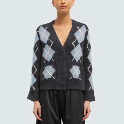 Diamond pattern V-neck women's knit cardigan