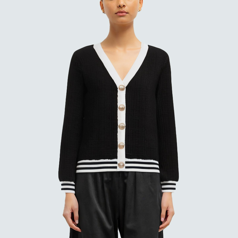 Color-blocked V-neck women's knitted cardigan