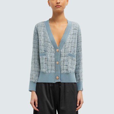 Blue single-breasted women's knitted cardigan