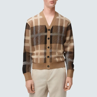 Jacquard V-neck men's knitted cardigan