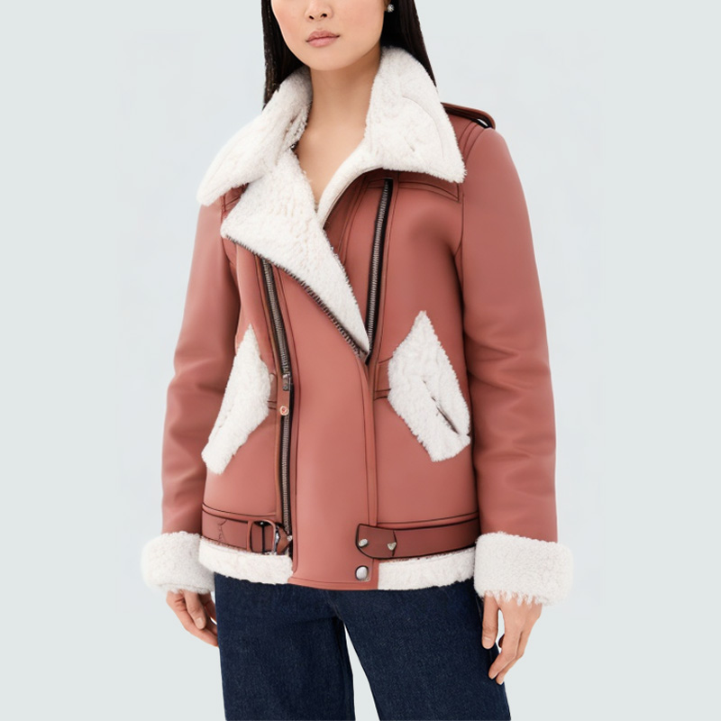 Pink lapel warm women's leather jacket
