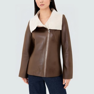 Brown large lapel women's leather jacket