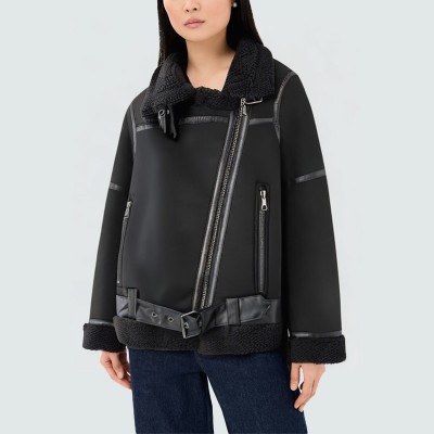 Black comfortable warm women's leather jacket