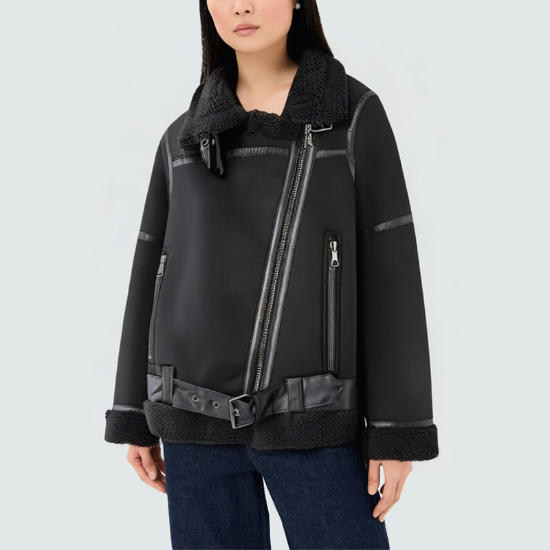 Black comfortable warm women's leather jacket