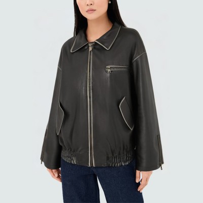 Black lapel slim fit women's leather jacket