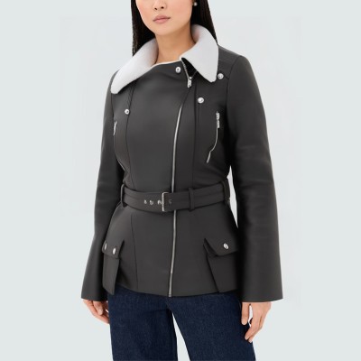 Black diagonal zipper slim fit women's jacket