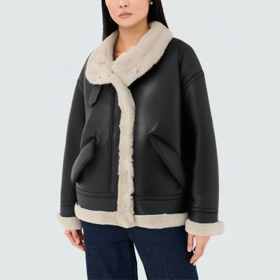 Large lapel warm women's leather jacket