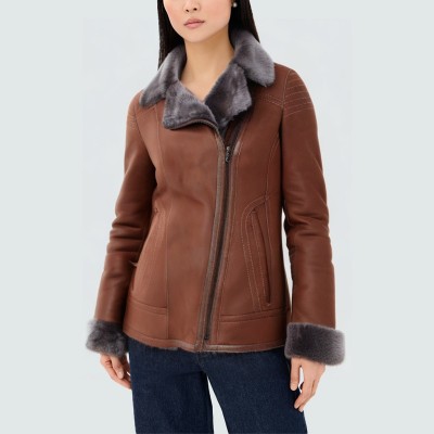 Vintage plush lapel women's leather jacket