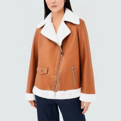 Windproof plush lapel women's leather jacket