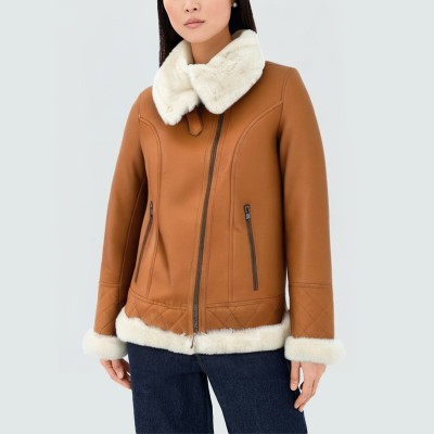 Brown windproof warm women's leather jacket