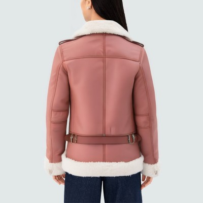 Pink lapel warm women's leather jacket