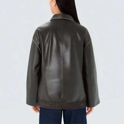 Black lapel slim fit women's leather jacket