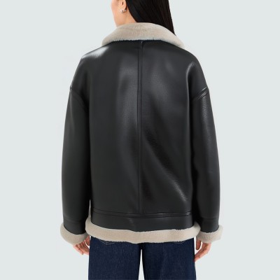 Large lapel warm women's leather jacket