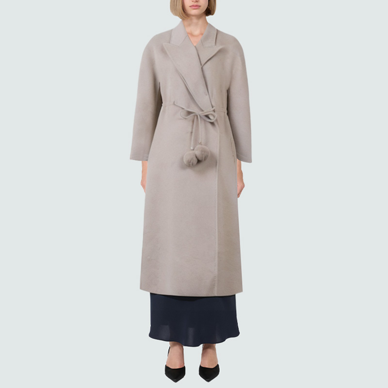 Beige lapel women's wool coat with pom poms