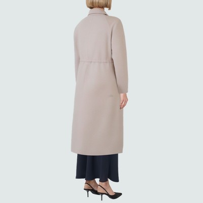 Beige lapel women's wool coat with pom poms