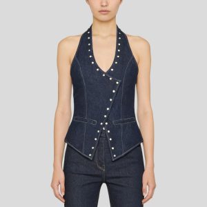 Asymmetrical denim halter top