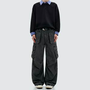 Multi-pocket straight-leg loose pants