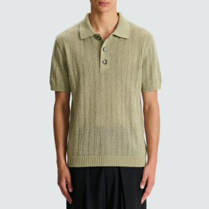Polo collar khaki knit cotton T-shirt