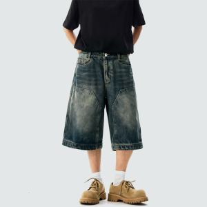 Retro washed high-waisted loose shorts