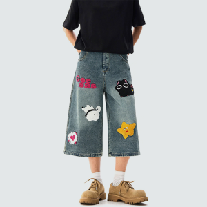Hip Hop Cartoon Embroidered Wide-Leg Denim Shorts