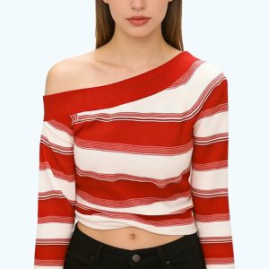 One-Shoulder Striped Long-Sleeve Top
