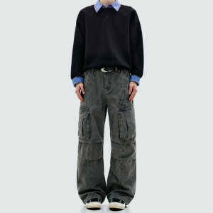 Beaded large pocket pleated cargo pants