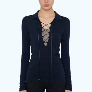 Color-blocked Tie-front Long-Sleeved Top