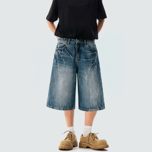 Punk workwear wide-leg washed denim shorts