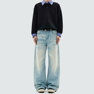Curved-edge straight-leg wide-leg jeans
