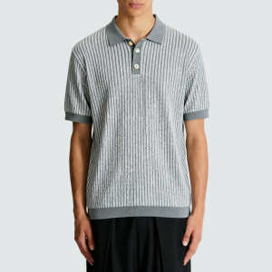 Polo collar knit striped jacquard short-sleeved top