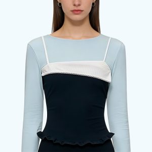Lace-trimmed Asymmetrical Neck Long-Sleeved Top