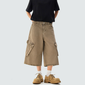Breathable double-button wide-waist denim shorts