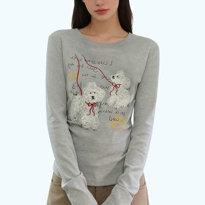 Puppy Embroidered Long-Sleeved Top