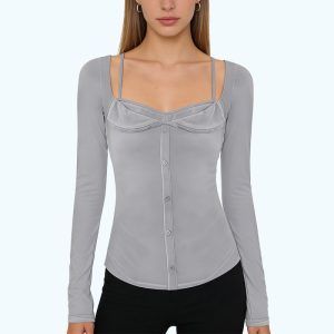 Elastic Solid Color Long-Sleeved Top
